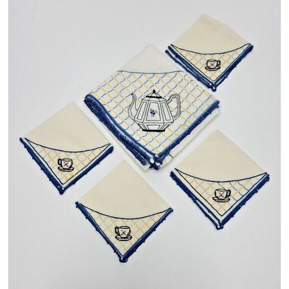 Vintage Hand Made Embroidered MuslinTablecloth and 4 Napkins Teapot and Teacup - Picture 1 of 14